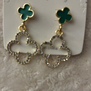 Green Clover Drop Earrings with Gold and Crystal Accents